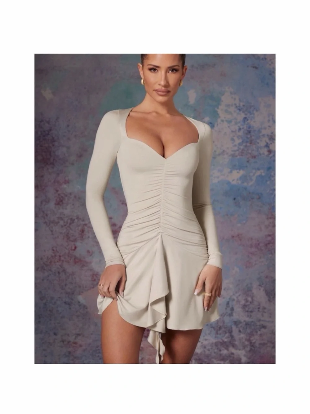 long sleeve draped skirt mini dress Oh Polly | Dresses | Oh Polly Cream Long Sleeve Ruched Sweetheart Mini With Draped  Skirt
